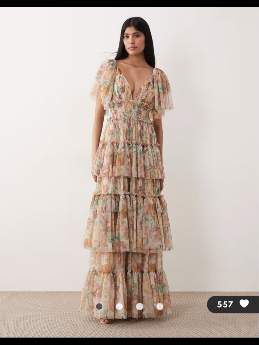 Lace & Beads Bridesmaid tulle flutter sleeve tiered maxi dress Floral